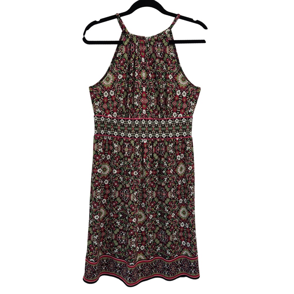 London Times Size 8 Halter Dress Pink Green Paisley Medallion Print Stretch Knit